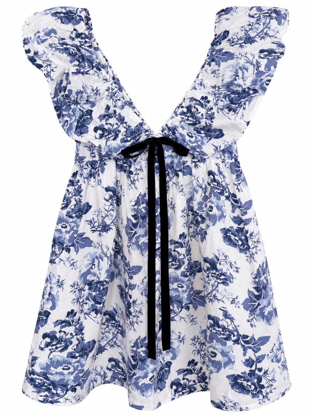 Blue Floral Mini Dress with Ruffle Shoulders and Black Tie